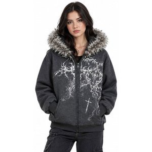 Women's Gothic Hooded <b>Zipper</b> <b>Jacket</b> With Faux Fur Collar Printed Design Winter Wear Fleece Material Regular Length Hoodies - Product Image 2
