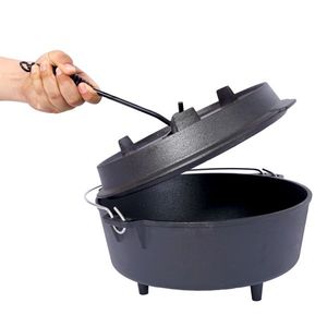 Olla de hierro fundido precurada con tapa para camping al aire libre, olla profunda para cocinar en chimenea, barbacoa, hornear y fogatas - Product Image 2