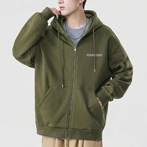 เสื้อฮู้ดซิปผู้ชายสีเขียวมะกอกคุณภาพสูง ทรงปกติ ผ้าโพลีเอสเตอร์เฟรนช์เทอร์รี่ สไตล์ลำลอง สตรีทแวร์ โลโก้ด้านหน้า - Product Image 1