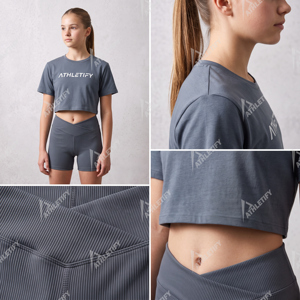 เสื้อครอปออกกำลังกายสำหรับผู้หญิง กางเกงขาสั้นเอวสูงแบบร่อง สามารถปรับแต่งได้เต็มที่ ชุดวิ่ง ชุดโยคะ ชุดออกกำลังกาย ผู้ผลิต ODM ผู้จัดจำหน่าย - Product Image 5