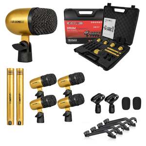 Kit de Micrófonos de Batería de 5 Núcleos, 7 Piezas, Micrófonos de Batería Totalmente Metálicos, Tom/Snare y Platillos, Juego de Micrófonos con Cable para Instrumentos de Percusión - Product Image 1