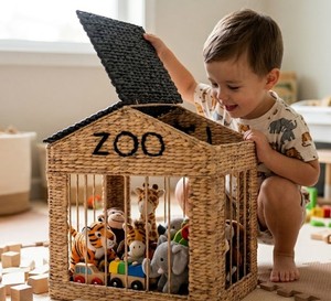 Handwoven Water Hyacinth Zoo House Toy Storage <b>Basket</b> <b>with</b> <b>Lid</b>, Kids Animal Toy Organizer Bin, Natural Woven Playroom Storage - Product Image 6