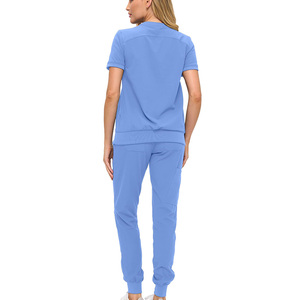 Conjunto de uniforme médico azul claro para mujer: blusa de manga corta y pantalón con cintura elástica, tejido de mezcla de algodón, apto para detección de agujas. - Product Image 2