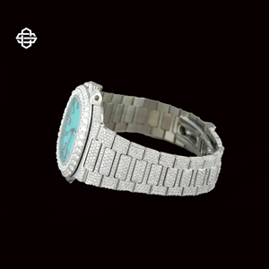 Montre tendance pour homme en quartz avec moissanite glacée, cadran carré turquoise, en acier inoxydable, verre diamanté, style hip-hop, 20 mm - Product Image 4