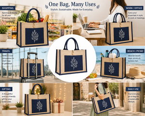 Sac fourre-tout en jute laminé bicolore avec deux poignées, poche avant, fermeture à bouton, écologique, réutilisable, pour les courses, les courses alimentaires, la plage - Product Image 1