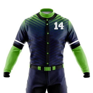 Maillot de baseball personnalisé sublimé pour homme, manches longues, rayé vert marine, numéro 14, évacuation de l'humidité, ensemble uniforme toutes saisons - Product Image 1
