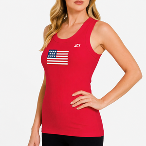 Top Corto de Punto Acanalado Rojo para Mujer con Emblema de Bandera y Bordado, Manga Corta, Primavera/Verano, para Venta al por Mayor, Camisetas para Mujer, OEM, Venta al por Mayor - Product Image 4