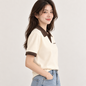 Polo de Manga Corta para Mujer F2WIN, Color Crema Marrón, Cuello Tejido, Casual, Color Sólido, Bordado con Letras en la Parte Delantera, Superventas - Product Image 3