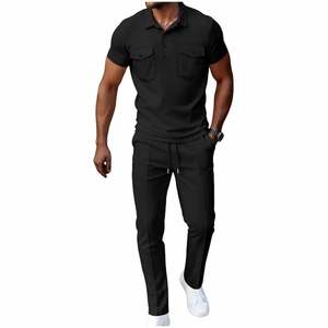 Ensemble décontracté 2 pièces pour homme : Polo à manches courtes et pantalon en coton gaufré 100% éponge 240 GSM, tricoté, tenue élégante avec poches - Product Image 2