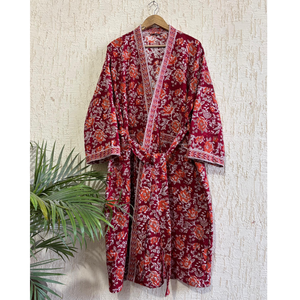 Albornoz de algodón gofrado rojo con estampado floral hecho a mano, ecológico, de secado rápido, para mujer, kimono largo de lujo para el hogar y viajes - Product Image 1