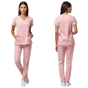 Hot Sale Wholesale Price Women's Blush Pink Nursing <b>Scrub</b> <b>Set</b> with Contrast Piping Premium Medical Uniform Apparel - Product Image 2