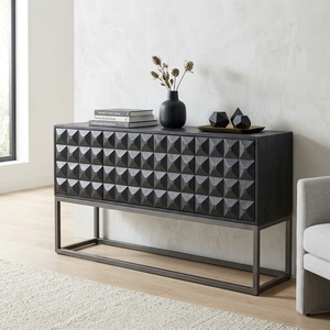 Dice Buffet Black Modern Wooden Credenza <b>Sideboard</b> <b>Storage</b> Cabinet With Geometric Diamond Pattern Carved Facade And Metal Base - Product Image 3