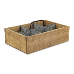 Plateau de rangement rectangulaire en bois avec 3 compartiments métalliques et poignée pour l'organisation des articles divers du salon, porte-couverts - Product Image 1