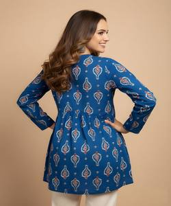 เสื้อคุर्ติผ้าเรยอนคอตตอนพิมพ์ลายวาดมือสุดฮิต สำหรับใส่ทุกวัน สไตล์ชาติพันธุ์ สีฟ้า - Product Image 4