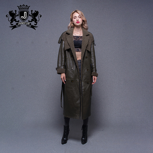 JANEFUR Women's Long Leather Trench <b>Coat</b> Turn-down Collar Faux Fur Lining Winter Moto Biker Style Slim Fit - Product Image 2