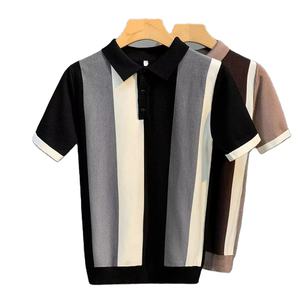 เสื้อโปโลถักแขนสั้นลายทางผ้าไหมน้ำแข็งคอปกสำหรับฤดูร้อน ออกแบบโลโก้ตามสั่ง OEM - Product Image 1