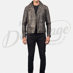 Men Distressed Brown <b>Leather</b> Biker <b>Jacket</b> Premium Genuine Sheepskin Quilted Shoulder Slim Fit Motorcycle Fashion Coat - Product Image 4