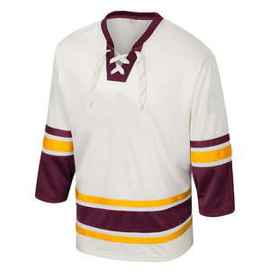 Jersey de Hockey sobre Hielo Sublimado Personalizado, Blanco, Marrón y Amarillo a Rayas, Manga Larga, Cuello en V, Cierre con Cordón, Transpirable, Poliéster, para Hombre Adulto - Product Image 1