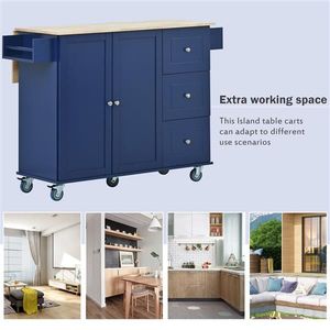 Isola da Cucina Portatile con Piano in Legno Massello e Ruote Bloccabili, Armadietto Contenitore da 52,7 Pollici Blu Scuro con Anta a Ribalta - Product Image 6
