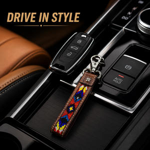 Handcrafted Leather Beaded Keychain with Colorful Tribal Pattern Engraved Floral Accent Strong Clasp Western Boho <b>Key</b> Ring Bag - Product Image 3