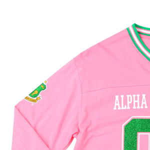 AKA 1908 Pink Long Sleeve Jersey Women Chenille Embroidery Greek Sorority Apparel Football Style Shirt Premium Fit - Product Image 4