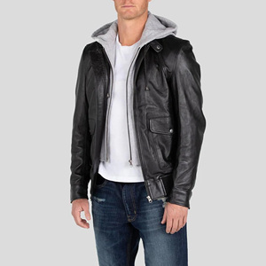 Veste en cuir noir pour homme avec capuche en tissu gris 2 en 1, veste à capuche streetwear superposée, coupe slim, manteau décontracté en peau de mouton - Product Image 3
