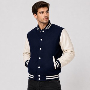 Blouson universitaire en laine rouge pour homme avec manches, col montant, logo frontal, coupe classique, fermeture boutonnée, tenue décontractée d'hiver - Product Image 2