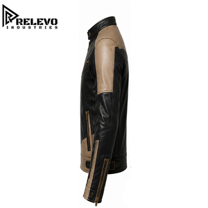Blouson en cuir de motard pour homme, style moderne Heritage, bicolore noir et marron, avec manches contrastées asymétriques, vêtement d'extérieur pour moto - Product Image 3