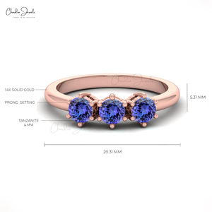 Anillo de compromiso y boda de oro rosa fino de 14k con tres piedras de tanzanita natural de corte redondo de 4mm, productos de moda, venta al por mayor - Product Image 2