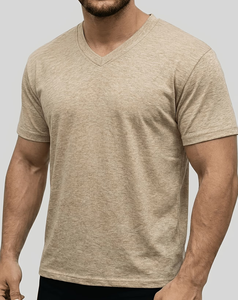 Men's V-Neck Short Sleeve Solid Knitted Casual Breathable T-Shirt Regular Fit Beige 100% Cotton Knitted Jersey Fabric 180g - Product Image 1