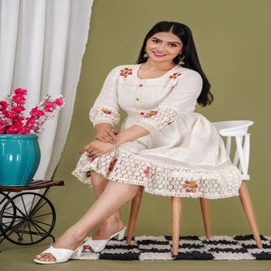 Chic Off White Cotton Dress with Multicolor Embroidery and Lace Hem Detailing for Stylish Everyday Elegance - Product Image 3