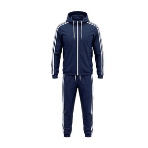Ensemble de survêtement d'entraînement à capuche zippé en polyester bleu marine, ensemble de vêtements de sport respirant en polyester de couleur unie - Product Image 2
