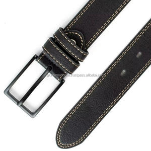 Ceinture décontractée pour homme en cuir véritable noir de haute qualité avec double couture et boucle en alliage de zinc nickelé noir - Product Image 2