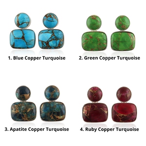 Boucles d'oreilles clous géométriques en cuivre et turquoise, laiton massif plaqué argent, style bohème, double pierre, bijoux de mode pour femme, cadeau - Product Image 1