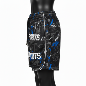 Short de basket-ball pour femme en maille polyester premium, noir, bleu camouflage, tissu sublimé, empiècements latéraux, logo personnalisé. - Product Image 3