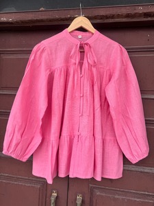 Women’s Pink Cotton Slub Lightweight Blouse Long Sleeve Tie Neck Button Front Top Casual <b>Boho</b> Summer <b>Shirt</b> Ladies Office Wear - Product Image 3