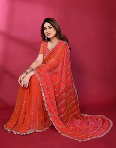 KV <b>Red</b> Embellished/Sequined <b>Saree</b> With Unstitched Blouse - Product Image 4