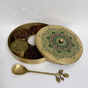 Brass Masala <b>Box</b> with 5 Compartments & Spoon Handmade Indian Spice Storage Container Kitchen Organizer for <b>Herbs</b>, Seasonings - Product Image 2