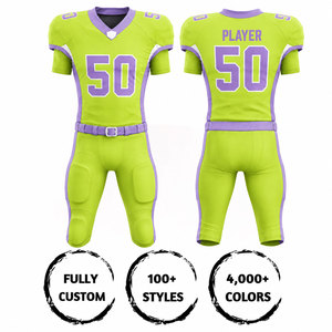 Ensemble d'uniformes de football américain sublimés sur mesure vert et violet, col en V, manches courtes, jersey ajusté anti-transpiration, pantalon pour adulte - Product Image 1