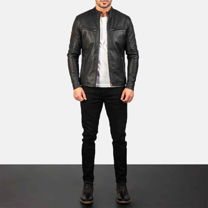 Chaqueta de Cuero Negra para Hombre, Estilo Moto Cafe Racer, Cuello Alto, Cierre de Cremallera, Corte Ajustado, Manga Regular, Color Sólido, de ELITE CRAFT INDUSTRY - Product Image 4