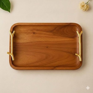 Plateau décoratif en bois de style ferme moderne avec poignées dorées |   Plateau de service élégant en noyer naturel pour mariage et décoration intérieure - Product Image 3