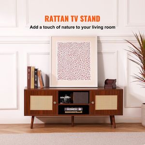 Boho 55 pollici TV Stand metà secolo moderno Rattan TV Cabinet con scaffale regolabile in noce per soggiorno e sala multimediale - Product Image 2