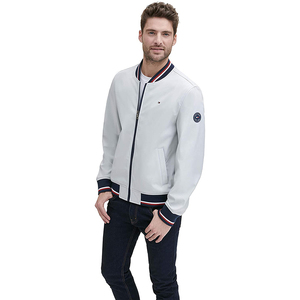 2026 Eco-Friendly <b>Men's</b> <b>White</b> With Navy Red Trim Zipper Front Casual Outerwear Breathable Bomber <b>Jacket</b> Is Available For Sale - Product Image 3