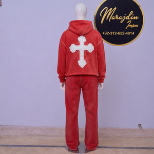 ชุดเซ็ตเสื้อฮู้ดดี้ครอปและกางเกงขายาวทรงบานผ้าฟลีซเทคนิคแบบเต็มตัวสีพื้นสำหรับฤดูหนาว พร้อมดีเทลปะติดแบบดิสเทรสและฟอกสีแบบแอซิดวอช - Product Image 3