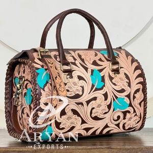 2026 OEM ODM Hand <b>Tooled</b> Genuine <b>Leather</b> Floral Large Speedy Duffel Bags Designer Trendy & Premium Business Trip Shoulder Bag - Product Image 1