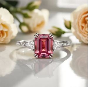 Anillo de Compromiso de Moissanita Rosa con Corte Esmeralda en Plata de Ley 925 Chapada en Oro con Engaste de Garras para Aniversario de Bodas - Product Image 2