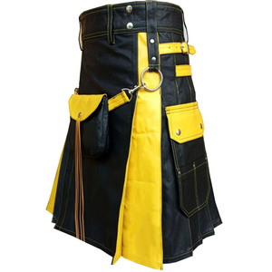 Kilt écossais hybride noir et jaune en cuir de vache, Sporran sur le devant, pour hommes - Product Image 4