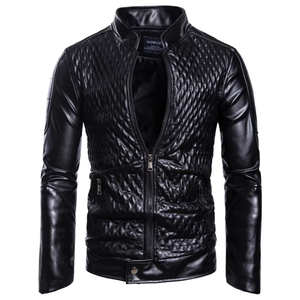 MEN’S QUILTED PU <b>LEATHER</b> <b>JACKET</b> WITH STAND COLLAR ZIPPER CLOSURE SLIM FIT SIDE POCKETS CASUAL STREETWEAR MODERN DESIGN - Product Image 1