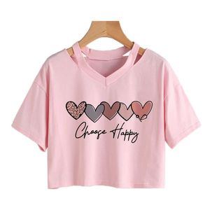 เสื้อครอปคอวีแขนสั้นทรงหลวมพิมพ์ลายหัวใจสำหรับผู้หญิง เลือกสวมใส่สบายๆ ในฤดูใบไม้ผลิและฤดูร้อน - Product Image 5