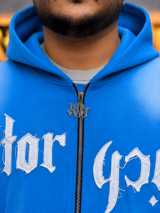 Sweat-shirt à capuche bleu pour homme, style streetwear oversize, avec impression de lettres sur le devant et rayures sur les manches, en coton French Terry. - Product Image 5